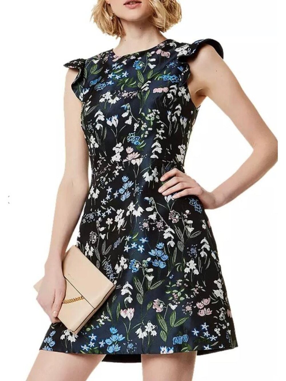 Karen Millen Floral Print Sleeveless A-Line Dress With Ruffled Shoulders Size 8